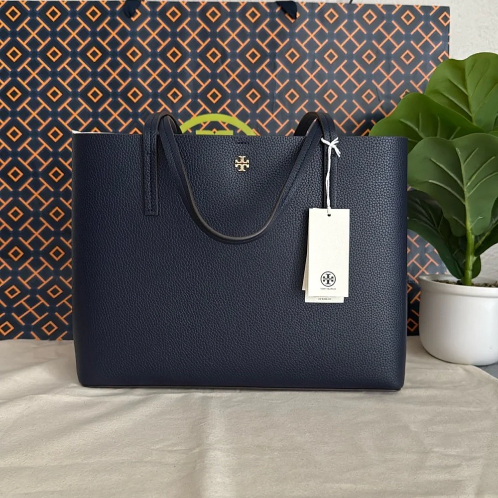 NWT ,Tory Burch Blake center zip Navy Blue with gold hardware Tote Bag - Picture 1 of 16